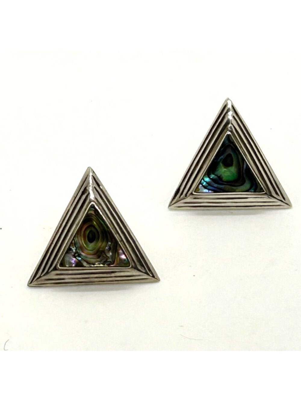 Stainless Steel Stud Earrings Abalone Triangle Geometric 1980s Irridesent - Picture 6 of 16